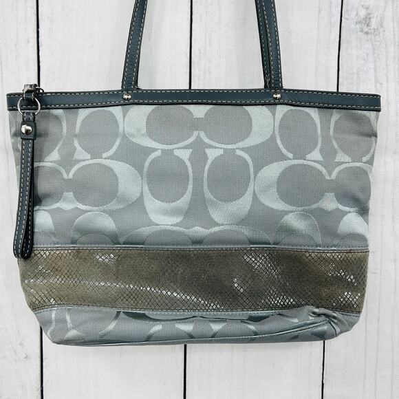 Coach gray signature stripe canvas leather tote shoulder bag purse F1126-F18365 - Picture 6 of 14